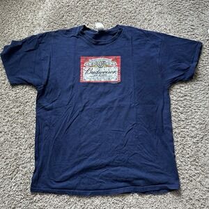 Vintage Budweiser Shirt Men 2XL Blue Logo Print Short Sleeve Crew‎ Pullover 2004